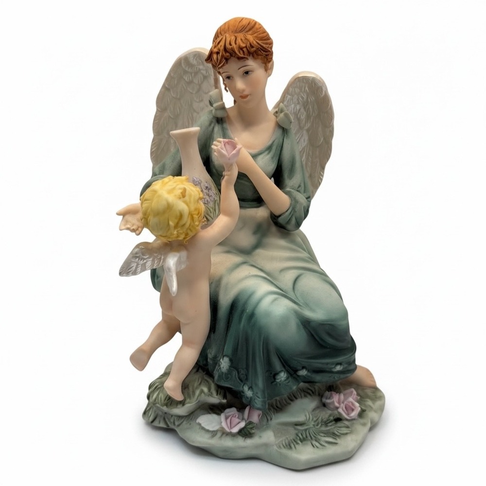 Vintage Ceramic Angel & Cherub Figurine Statue Green Dress Wings Cottagecore